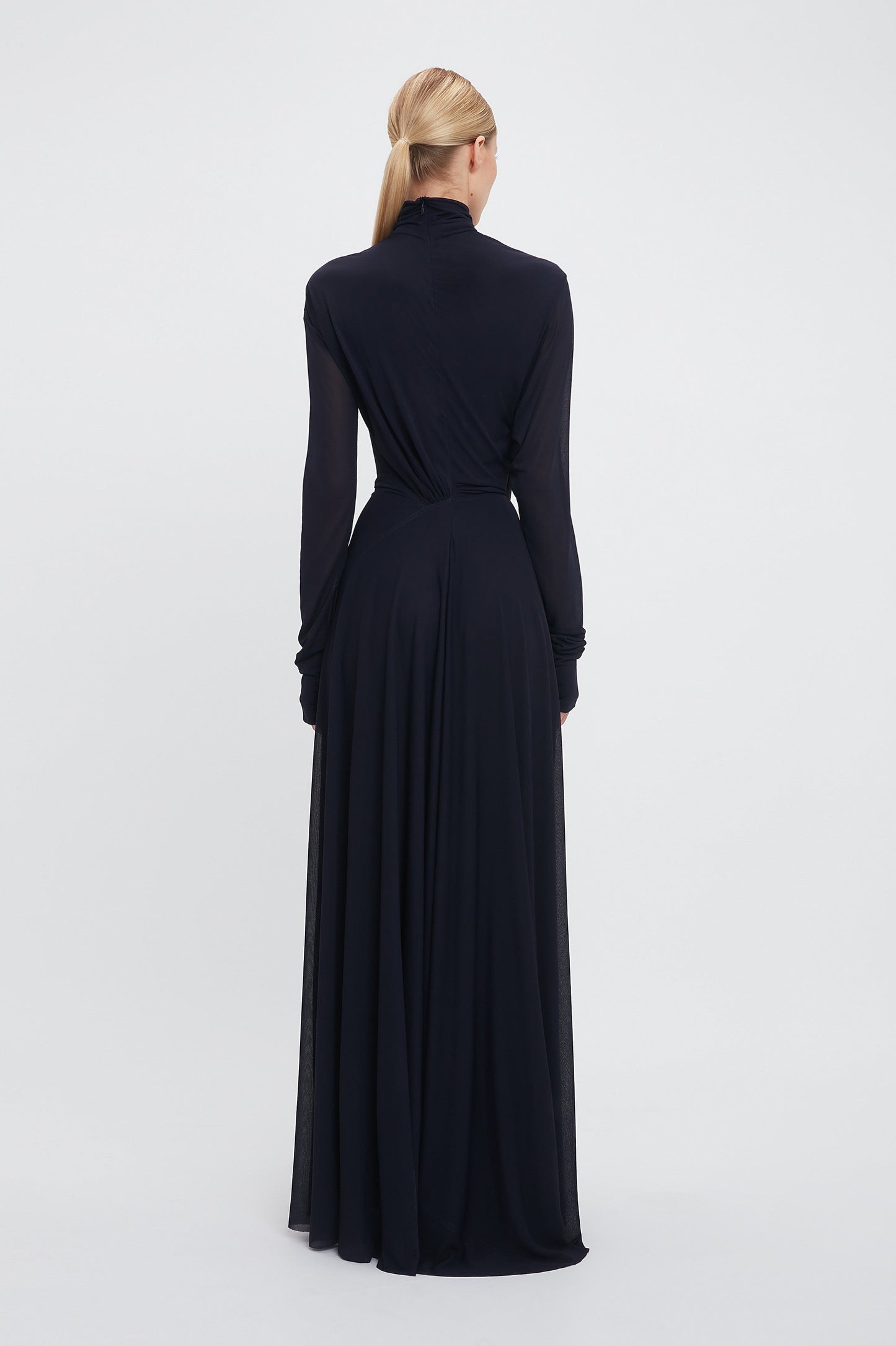 Long Sleeve Draped Jersey Floor-Length Gown In Ink Blue