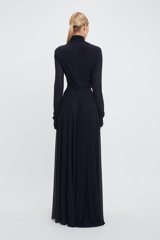 Long Sleeve Draped Jersey Floor-Length Gown In Ink Blue