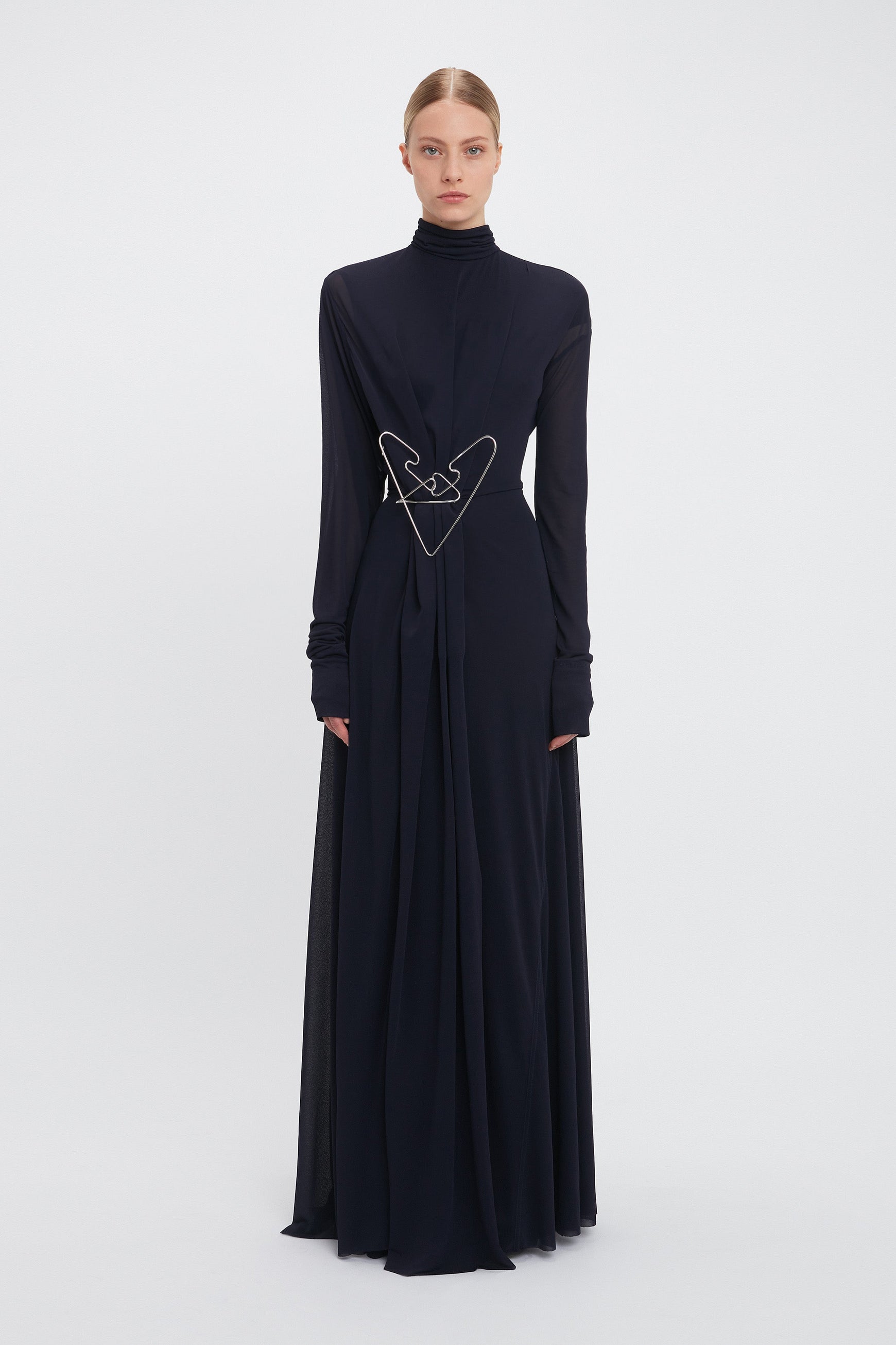 Long Sleeve Draped Jersey Floor-Length Gown In Ink Blue