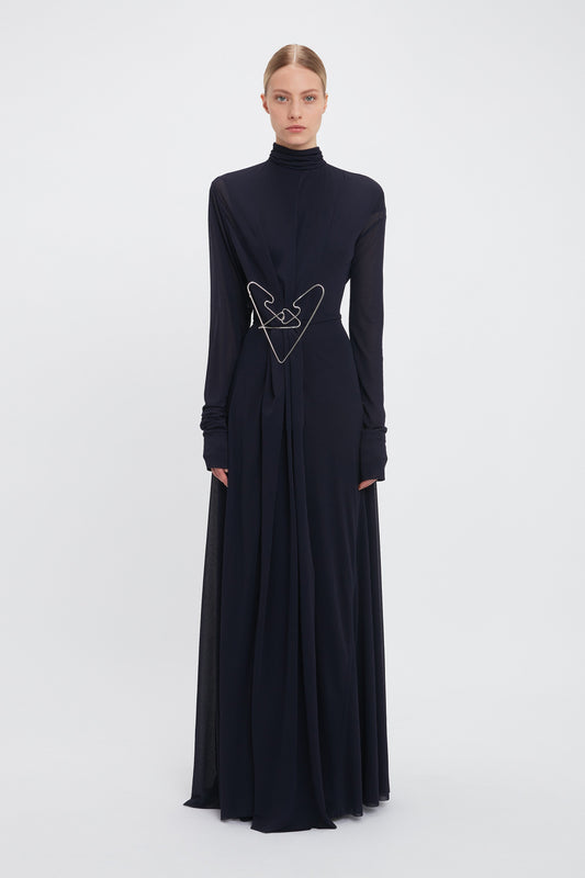 Long Sleeve Draped Jersey Floor-Length Gown In Ink Blue