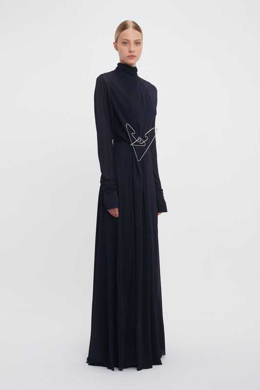 Long Sleeve Draped Jersey Floor-Length Gown In Ink Blue