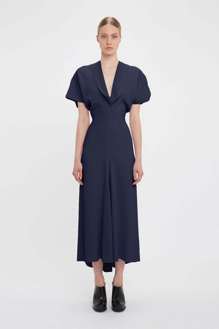 Exclusive Drape Sleeve V-Neck Midi In Ink Blue