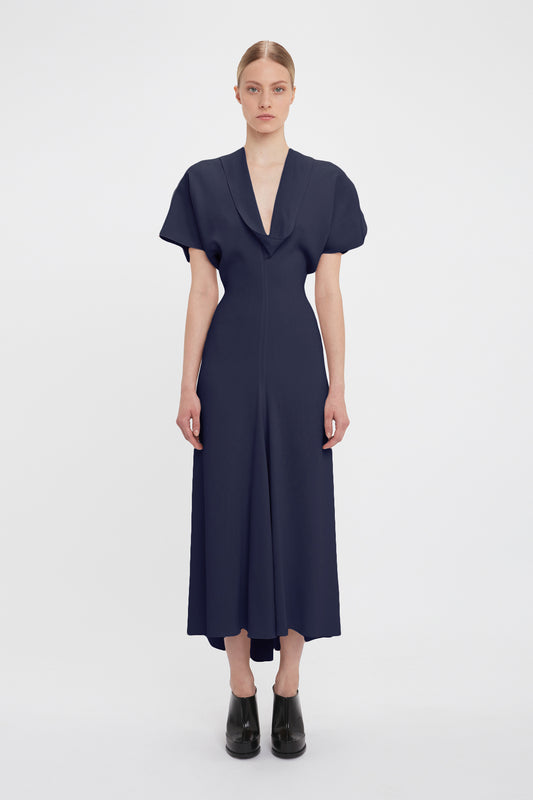 Exclusive Drape Sleeve V-Neck Midi In Ink Blue