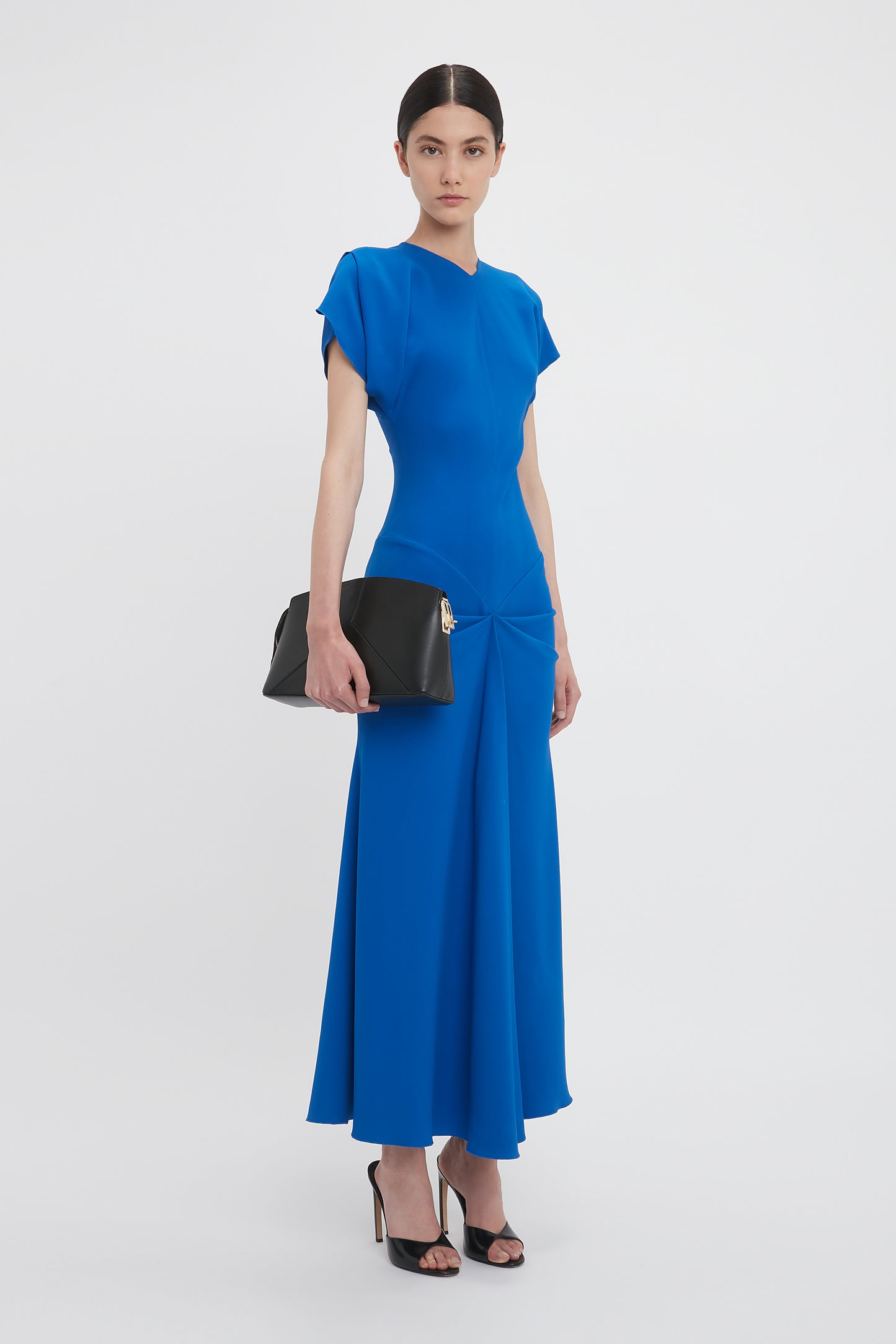 Exclusive Drape Sleeve Gathered Waist Midi In Bright Blue