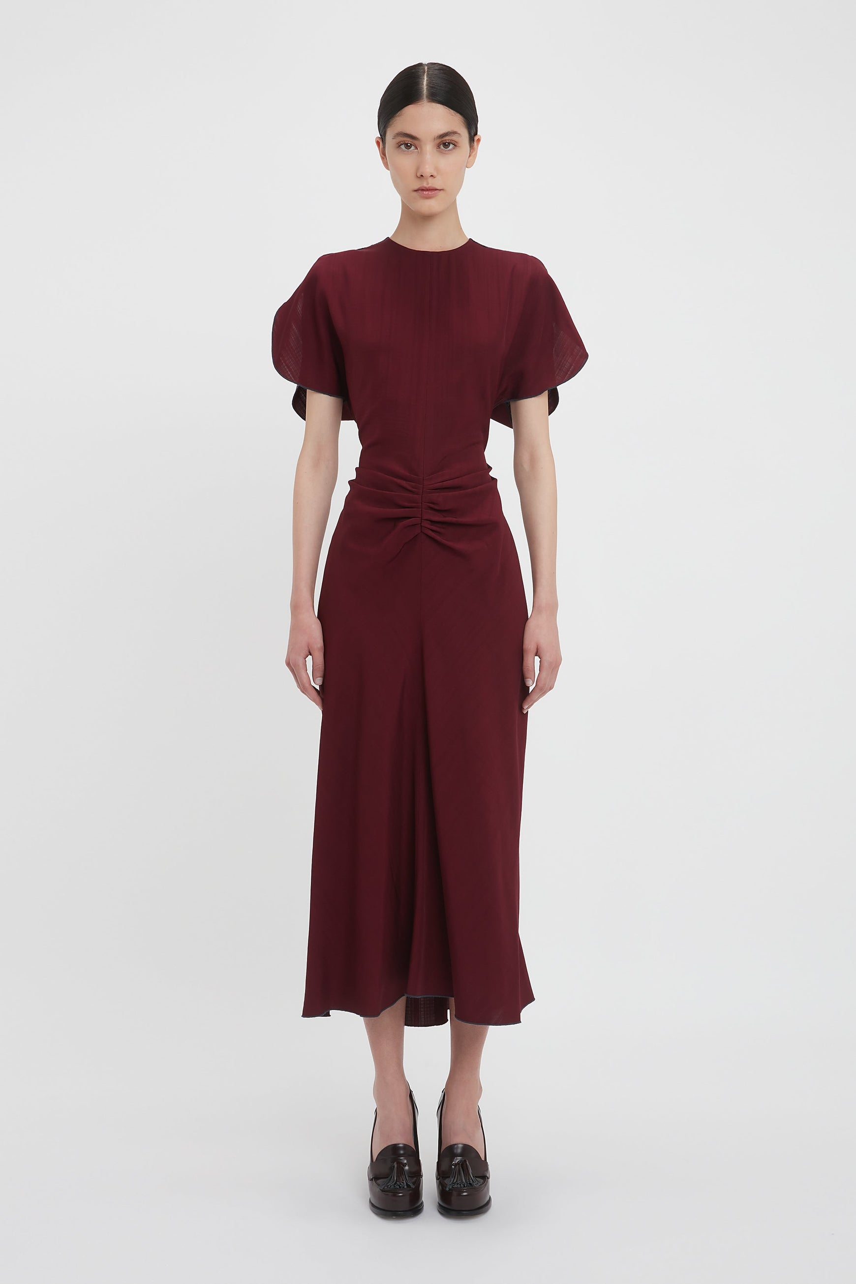 Gathered Waist Midi Dress In Port