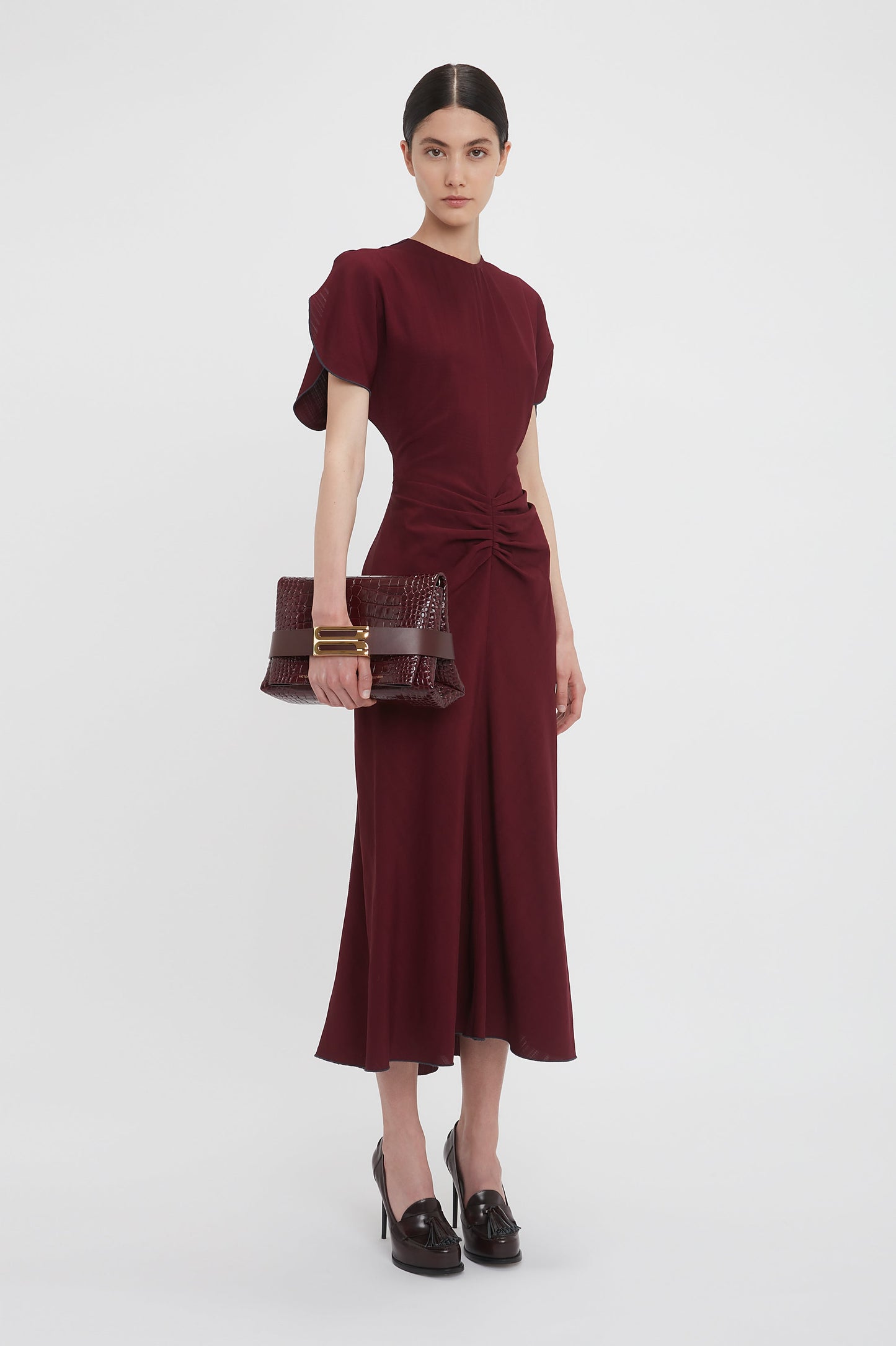 Gathered Waist Midi Dress In Port