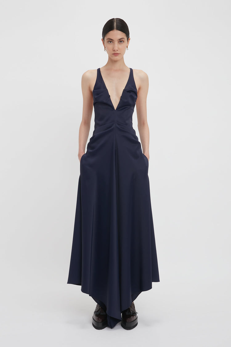 Gathered Racer Back Dress In Ink Blue