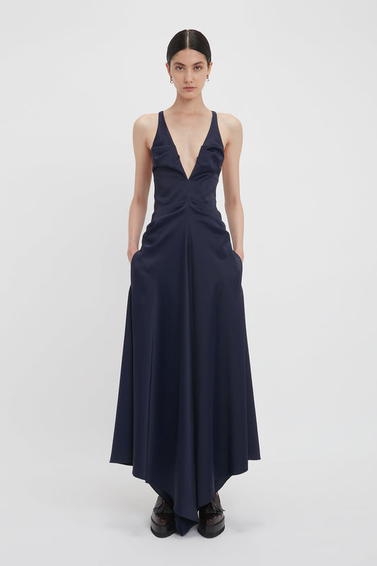 Gathered Racer Back Dress In Ink Blue