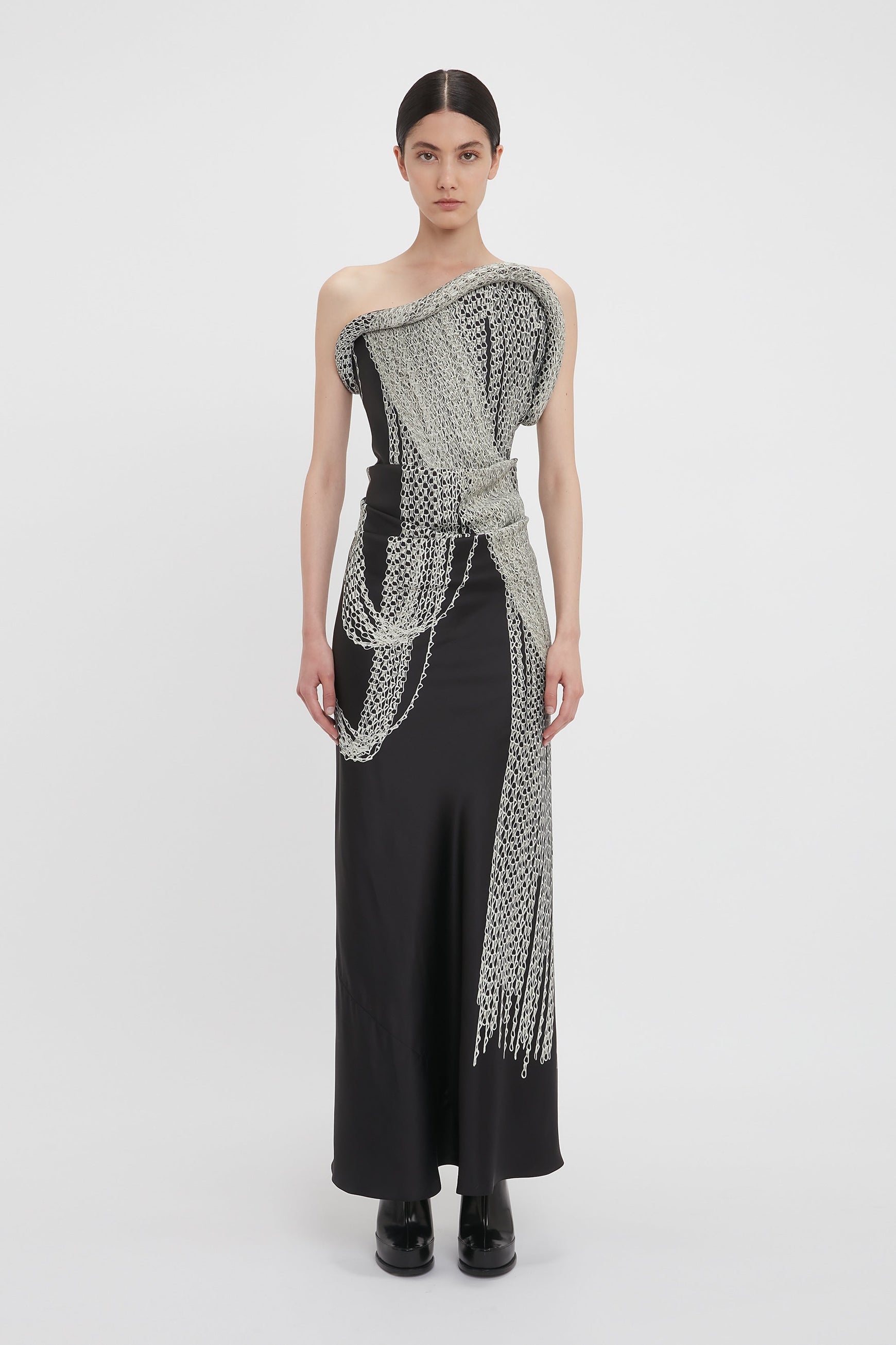 Asymmetric Corset Detail Gown In Black Chain Print