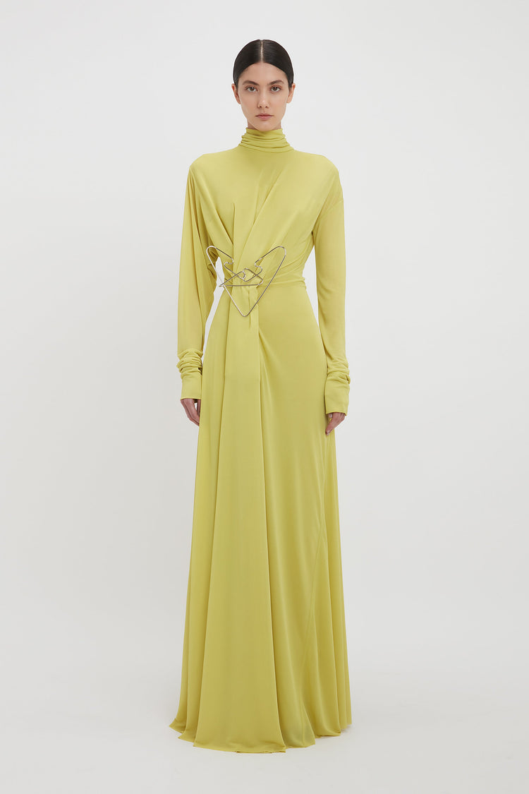 Long Sleeve Draped Jersey Floor-Length Gown In Citrus