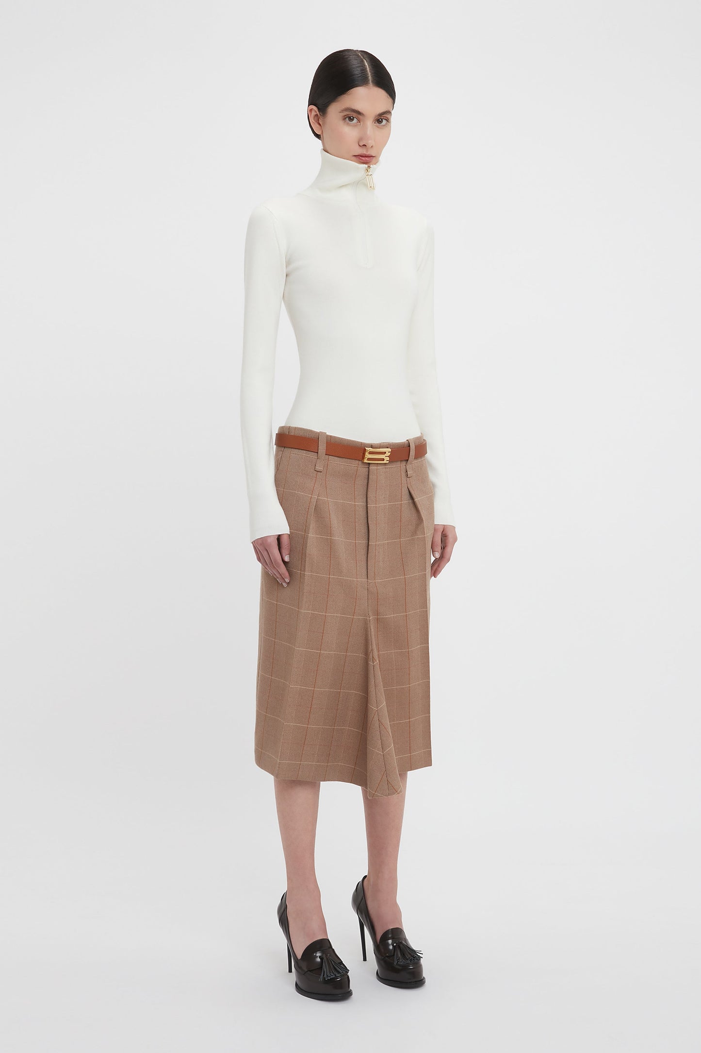 Exclusive Asymmetric Tailored Skirt In Camel-Multi Check