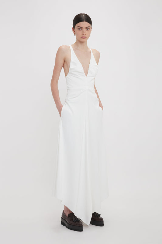 Gathered Racer Back Dress In White