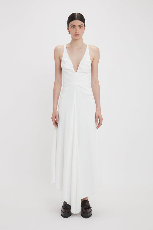 Gathered Racer Back Dress In White