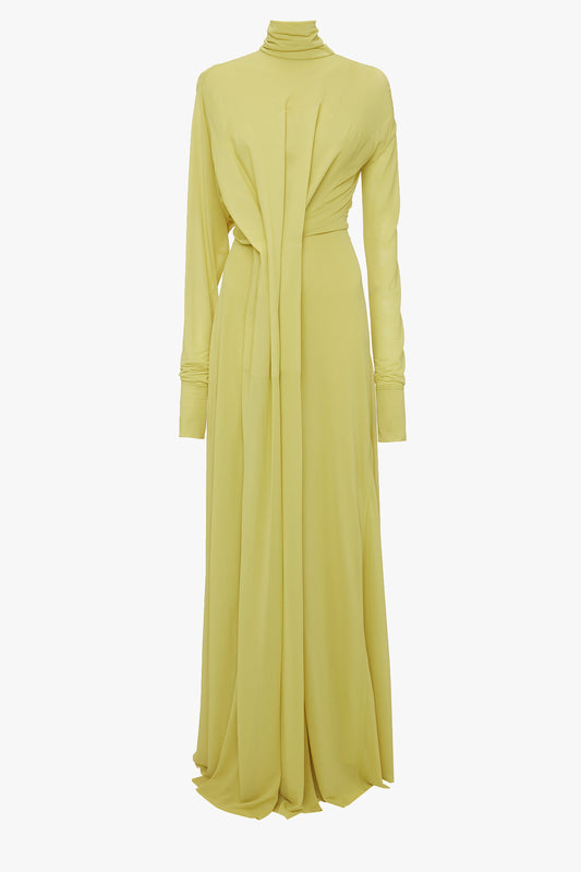 Long Sleeve Draped Jersey Floor-Length Gown In Citrus