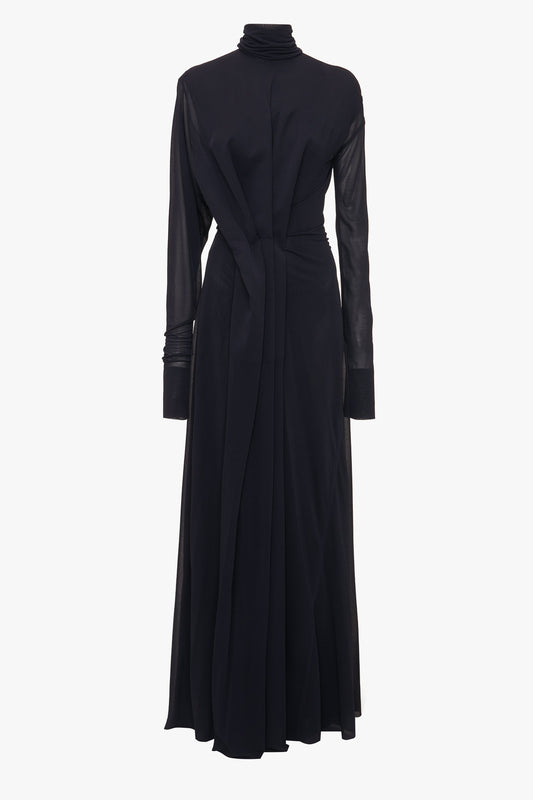 Long Sleeve Draped Jersey Floor-Length Gown In Ink Blue