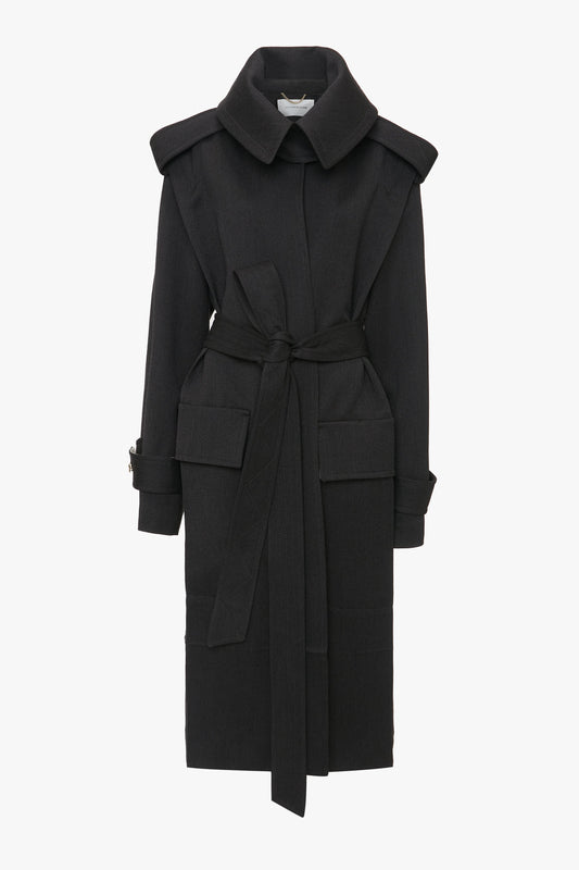 Belted Wool Trench Coat In Charcoal