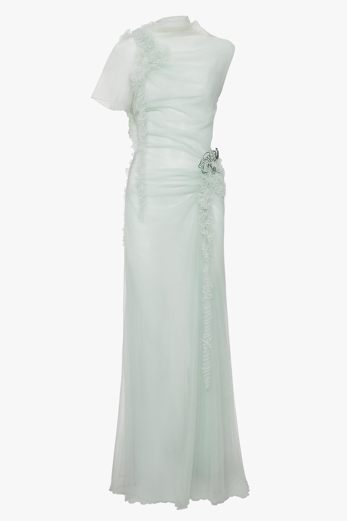 A Victoria Beckham Gathered Tulle Detail Floor-Length Dress In Jade with one sheer sleeve, floral ruche detailing on the waist, and an ethereal quality that's sure to captivate.