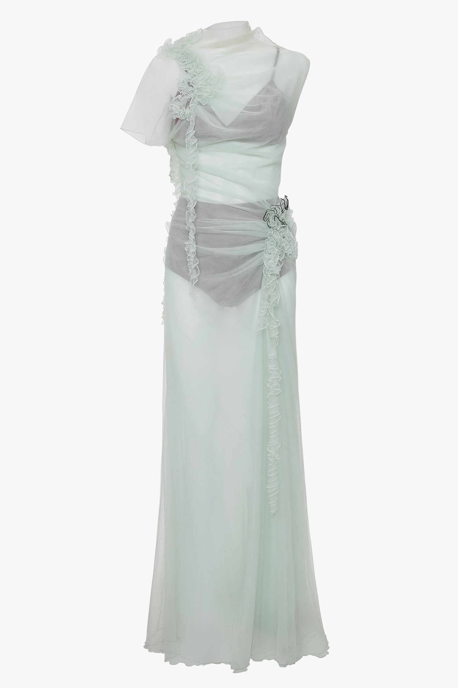 A Victoria Beckham Gathered Tulle Detail Floor-Length Dress In Jade with sheer and ruffled detailing, featuring one short sleeve and a cinched waist with floral ruche detailing for an ethereal gown look.