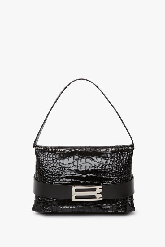 B Pouch Bag In Croc Embossed Black Leather