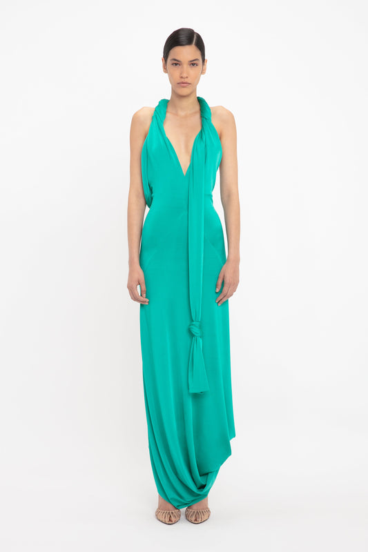 Twisted Halter Strap Jersey Dress In Peacock