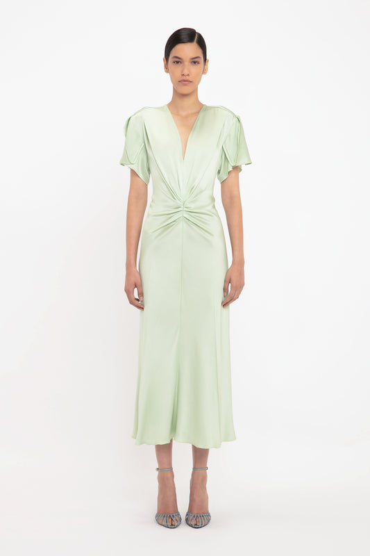 Gathered V-Neck Midi Dress In Jade