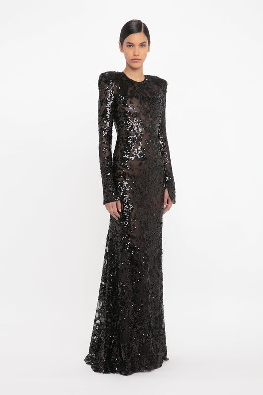 Long Sleeve Backless Sequin Gown In Black