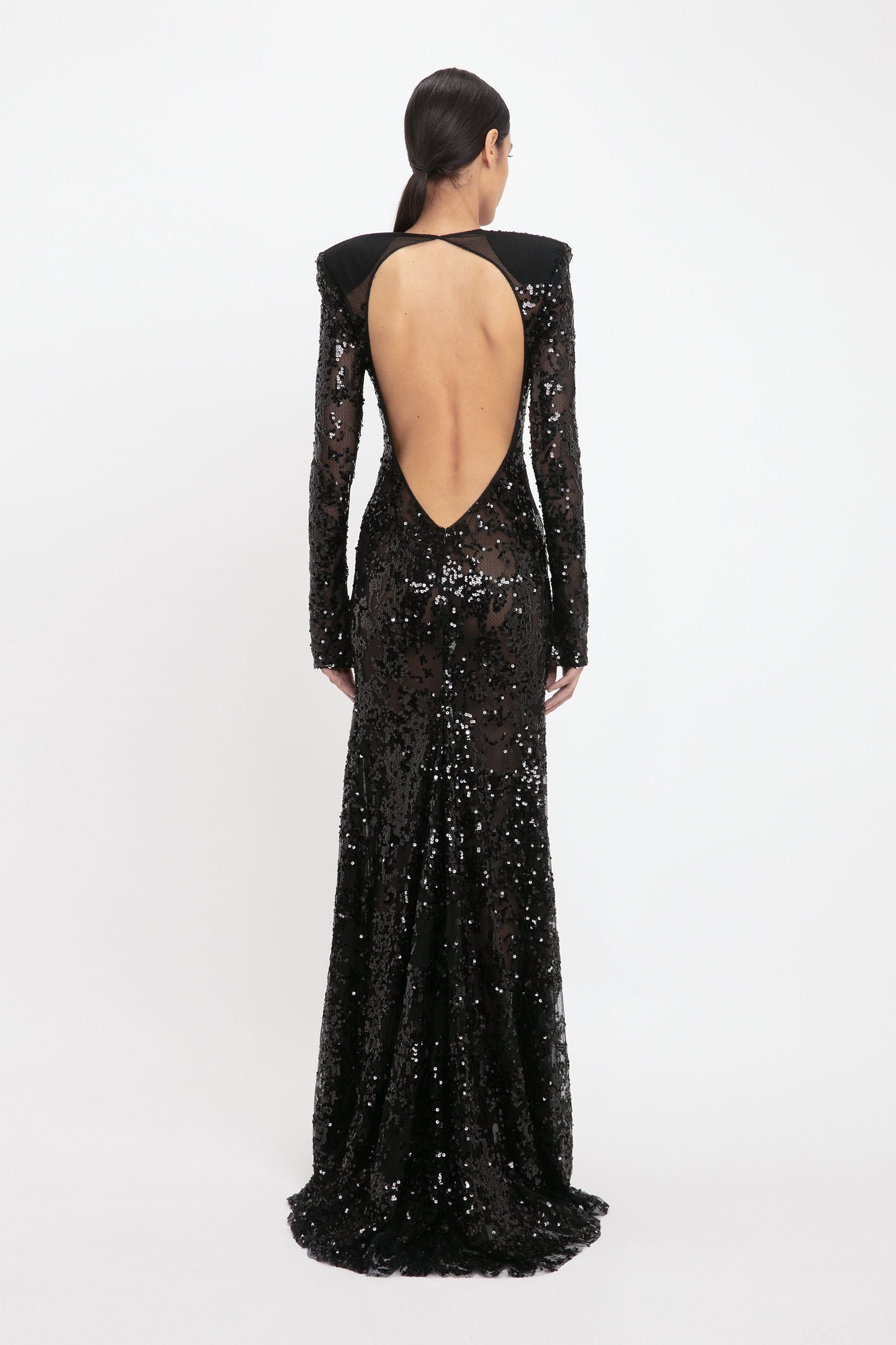 Long Sleeve Backless Sequin Gown In Black Victoria Beckham