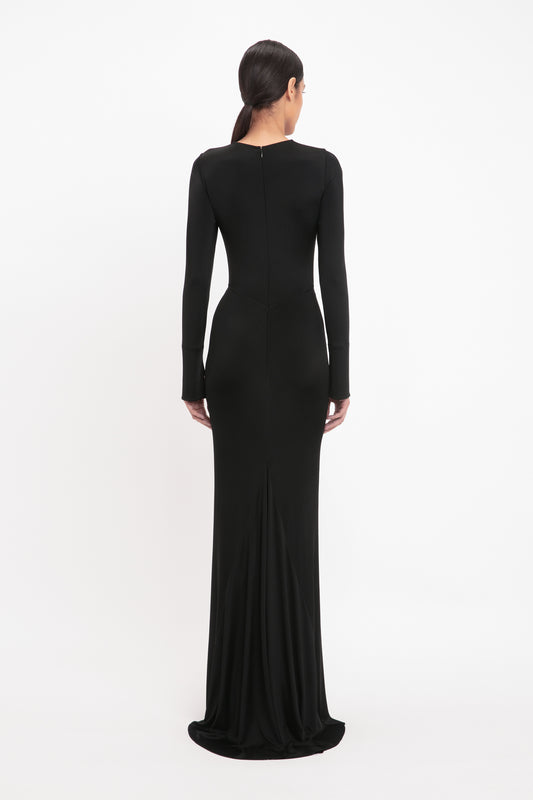 Long Sleeve Gathered Midi Dress In Black