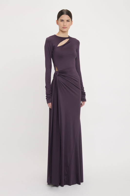 Long Sleeve Tie Front Gown In Fig