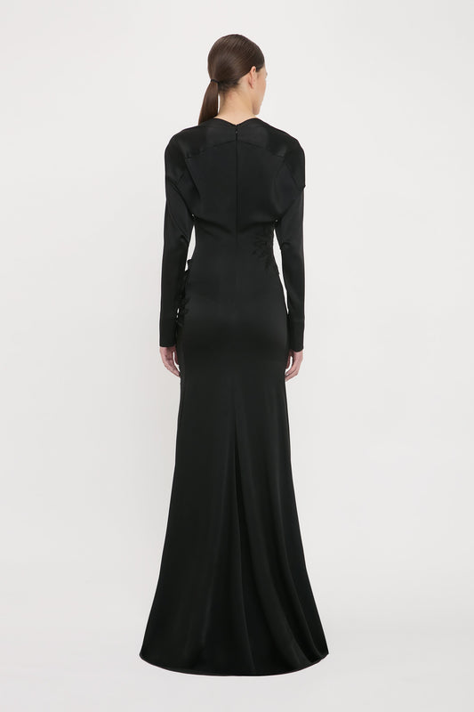 Long Sleeve Lace Applique Floor-Length Gown In Black