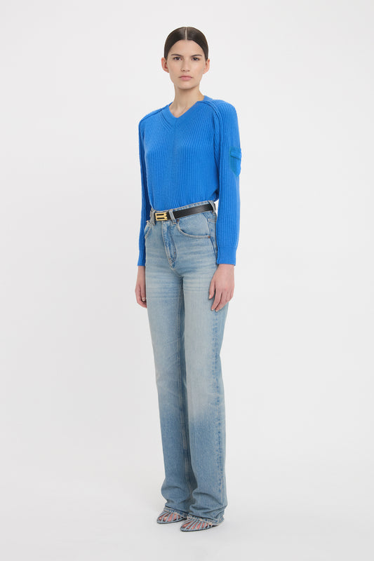 V Neck Knitted Jumper In Regatta Blue