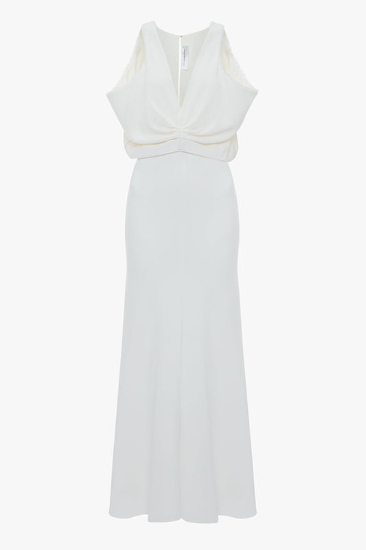 Draped Armhole Detail V-Neck Gown In Ivory