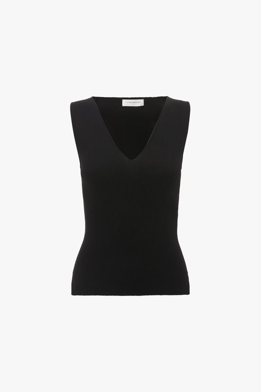 Rib Detail V-Neck Tank In Black