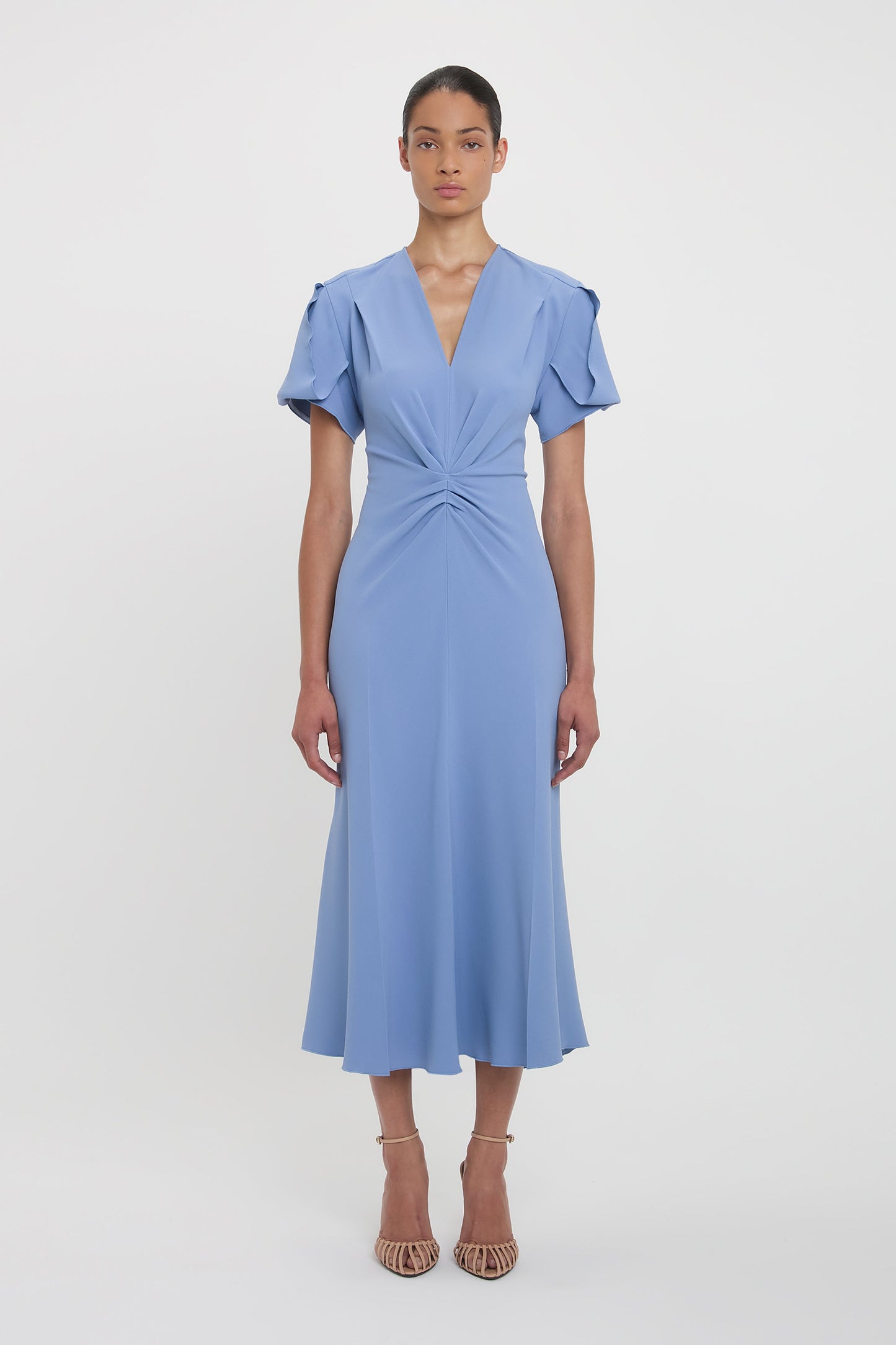 Gathered V-Neck Midi Dress In Bluebell