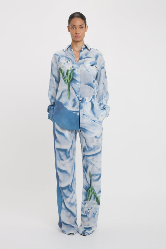 Pleat Detail Pyjama Trouser In Ice Blue Satin Flowers