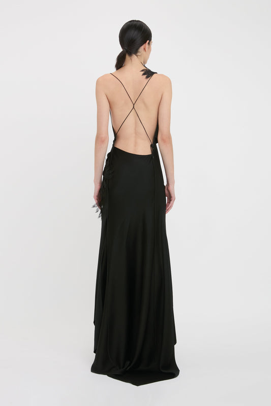 Asymmetric Draped Cami Gown In Black