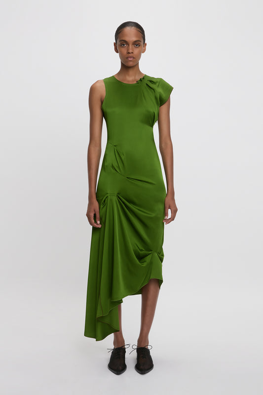 Draped Tuck Detail Midi Dress in Algae Green