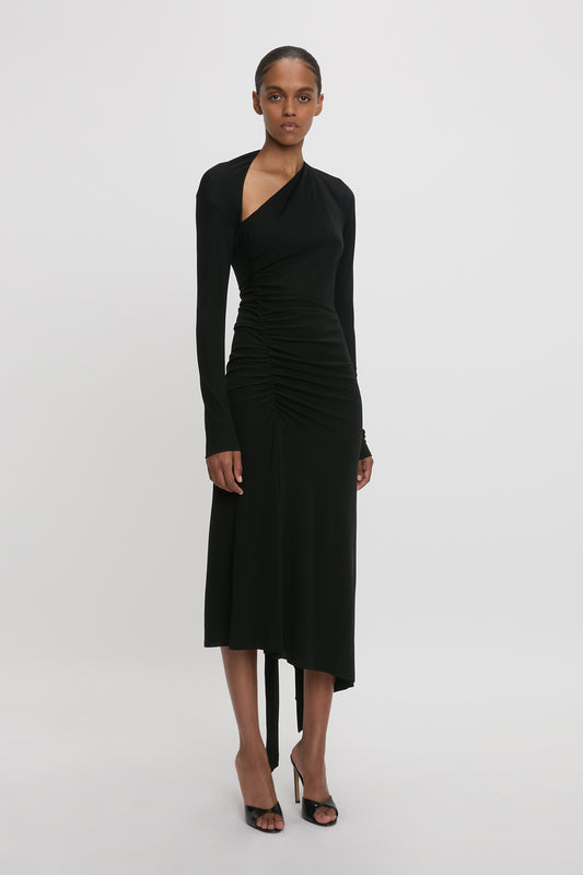 Slash-Neck Ruched Midi Dress In Black