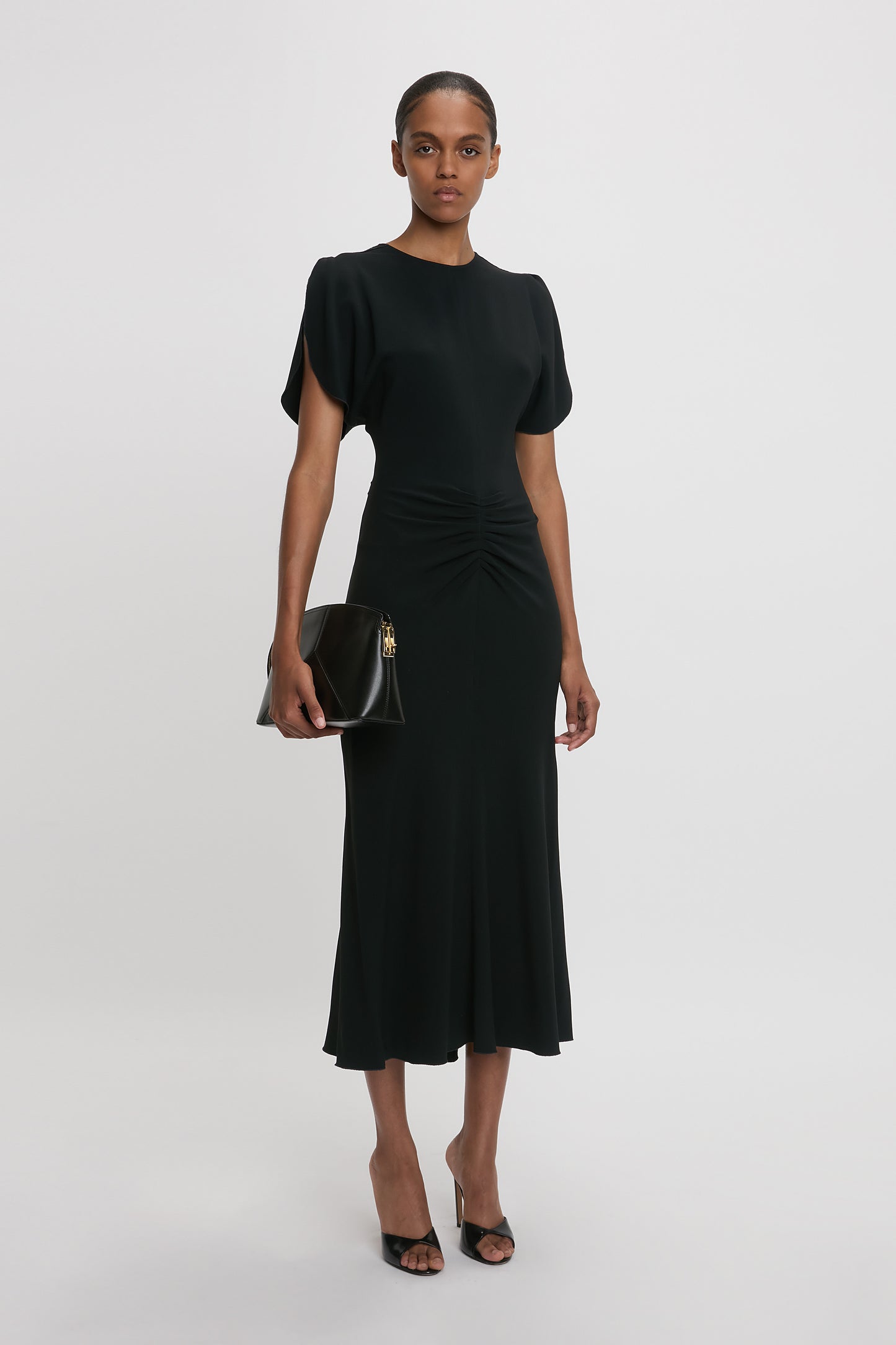 Gathered Waist Midi Dress In Black Victoria Beckham