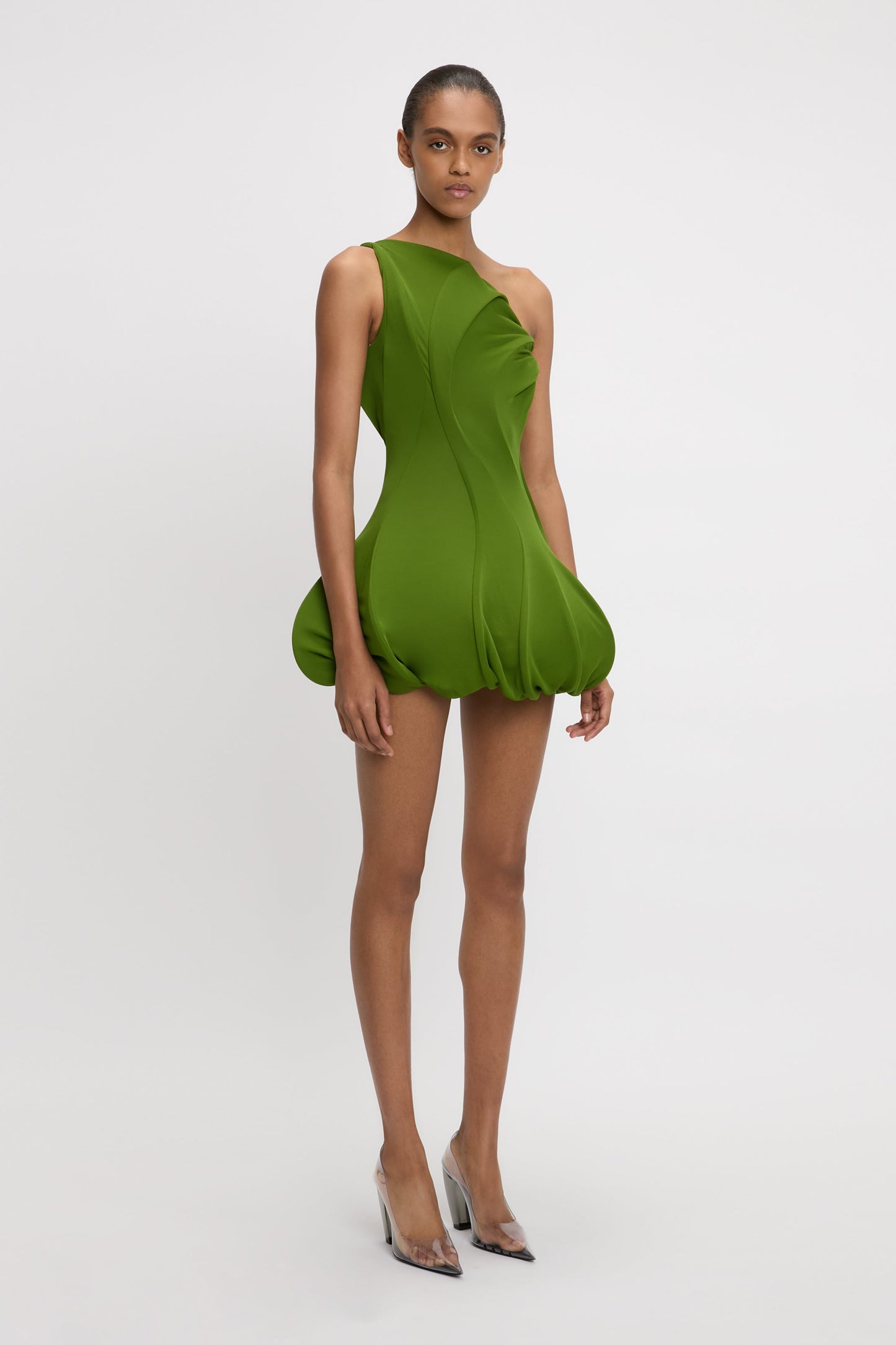 One Shoulder Wave Detail Mini Dress In Algae