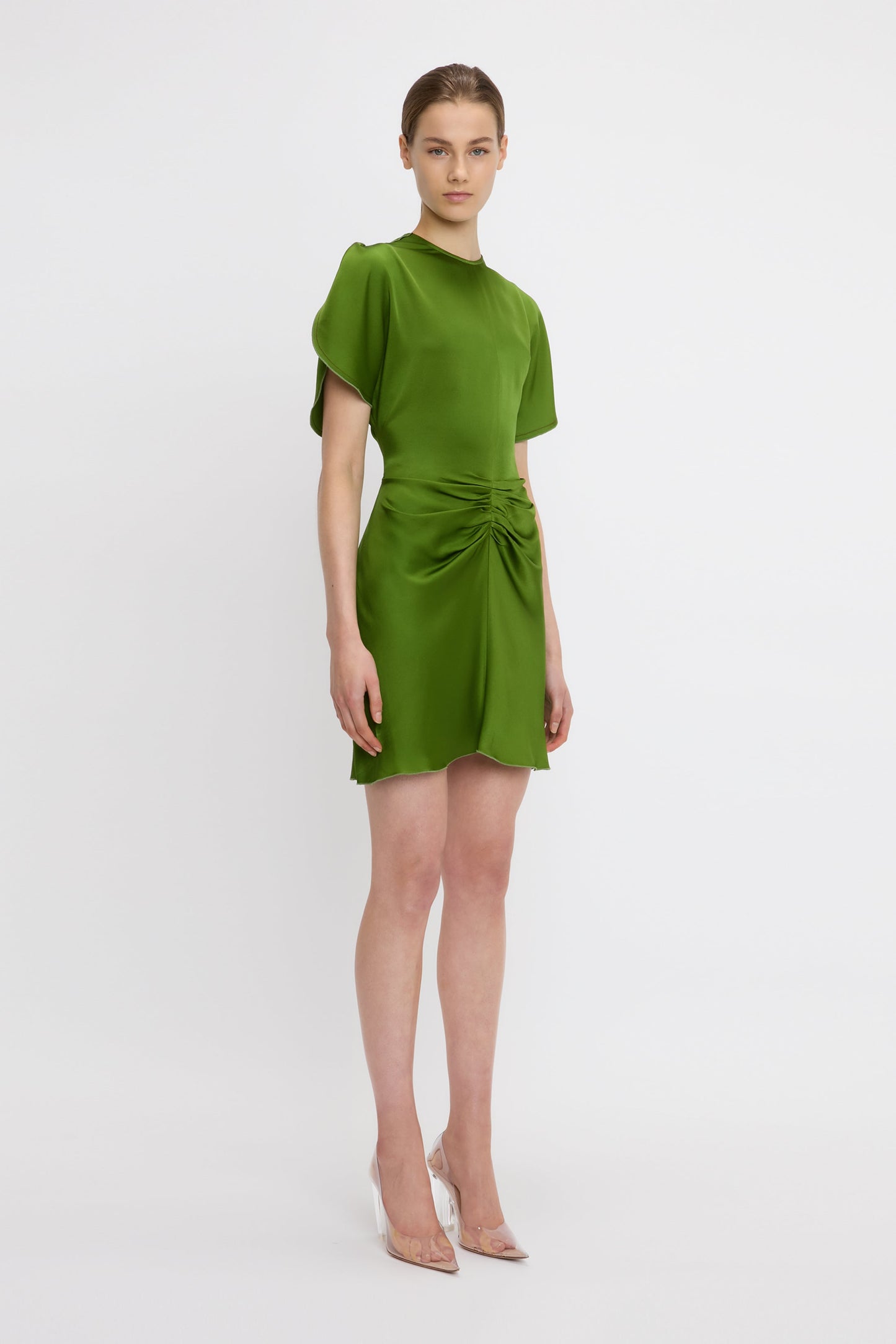 Gathered Waist Mini Dress In Algae