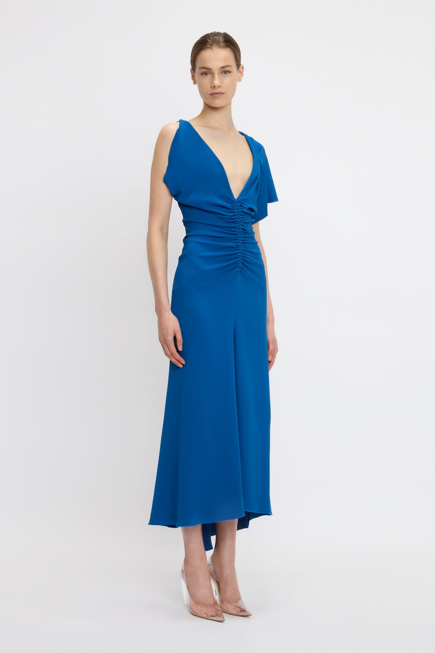 Asymmetric Ruched Detail Midi Dress In Sapphire Blue