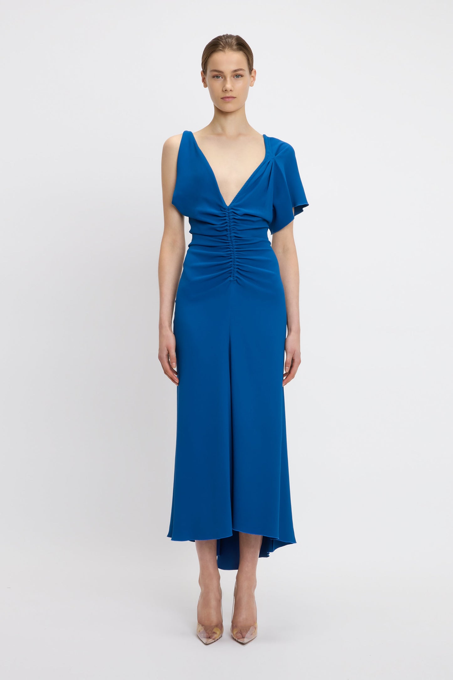 Asymmetric Ruched Detail Midi Dress In Sapphire Blue