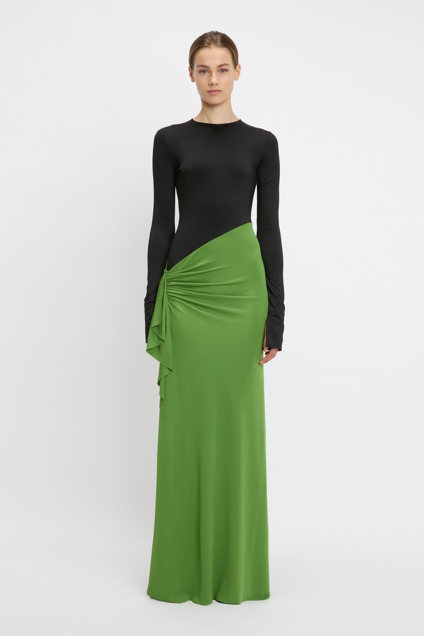 Long Sleeve Ruched Detail Gown In Black-Algae