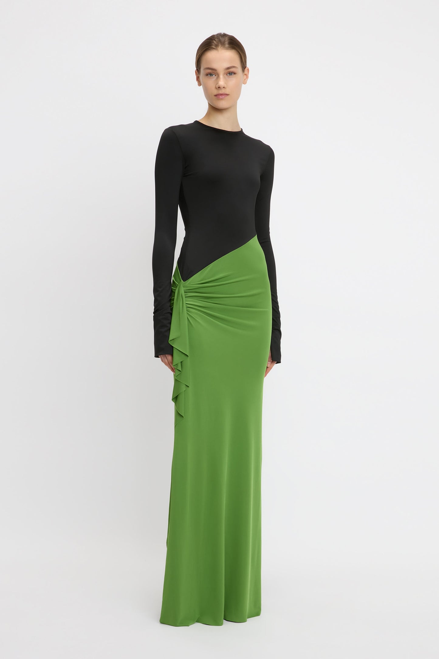 Long Sleeve Ruched Detail Gown In Black-Algae