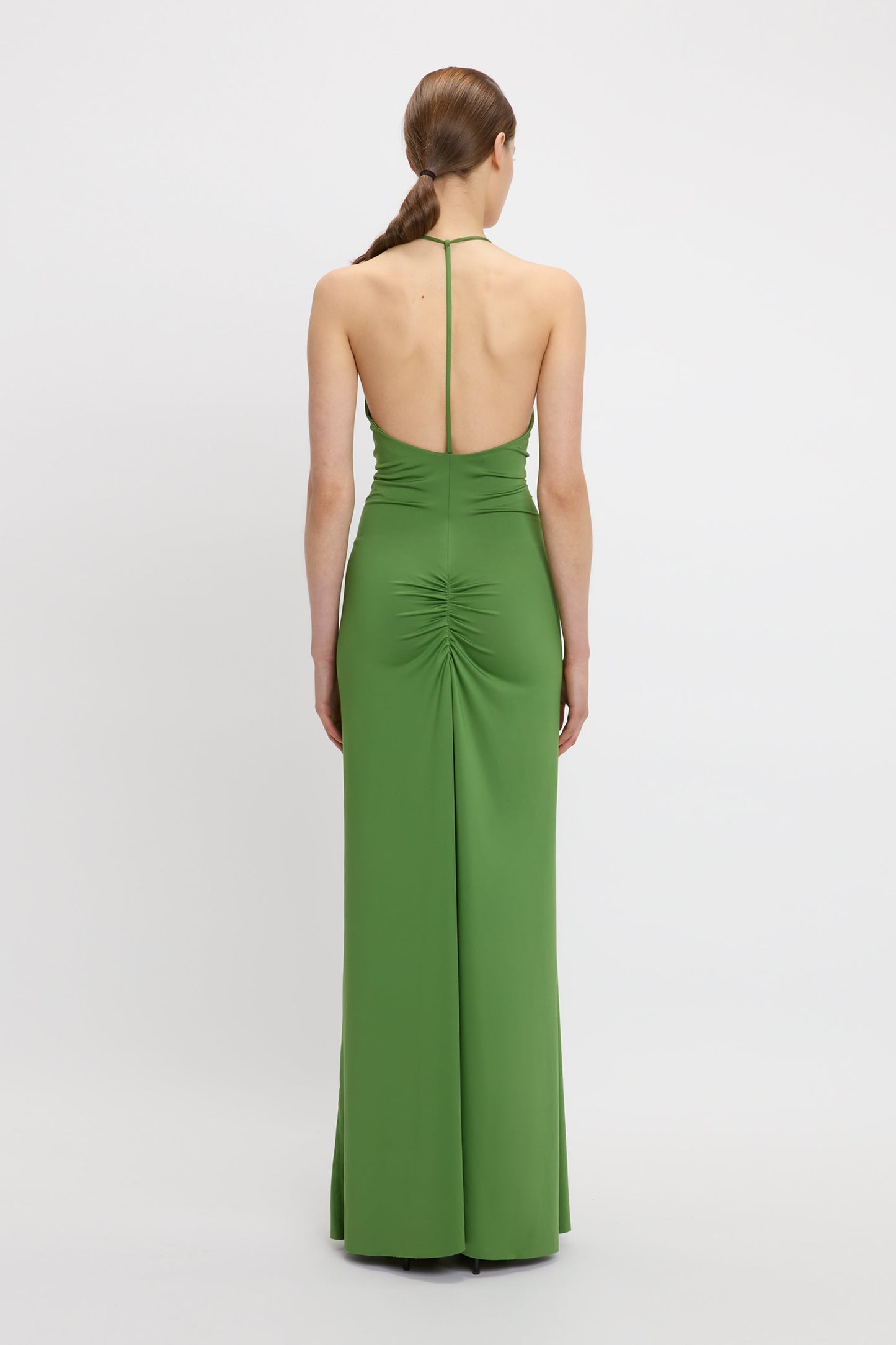 V-Neck Ruched Cami Gown In Algae