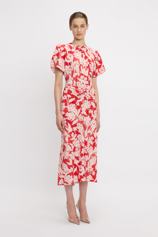 Gathered Waist Midi Dress In Chilli-Blush