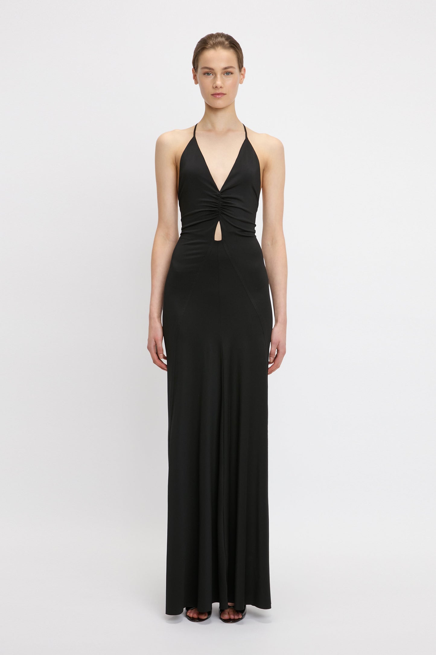 V-Neck Ruched Cami Gown In Black