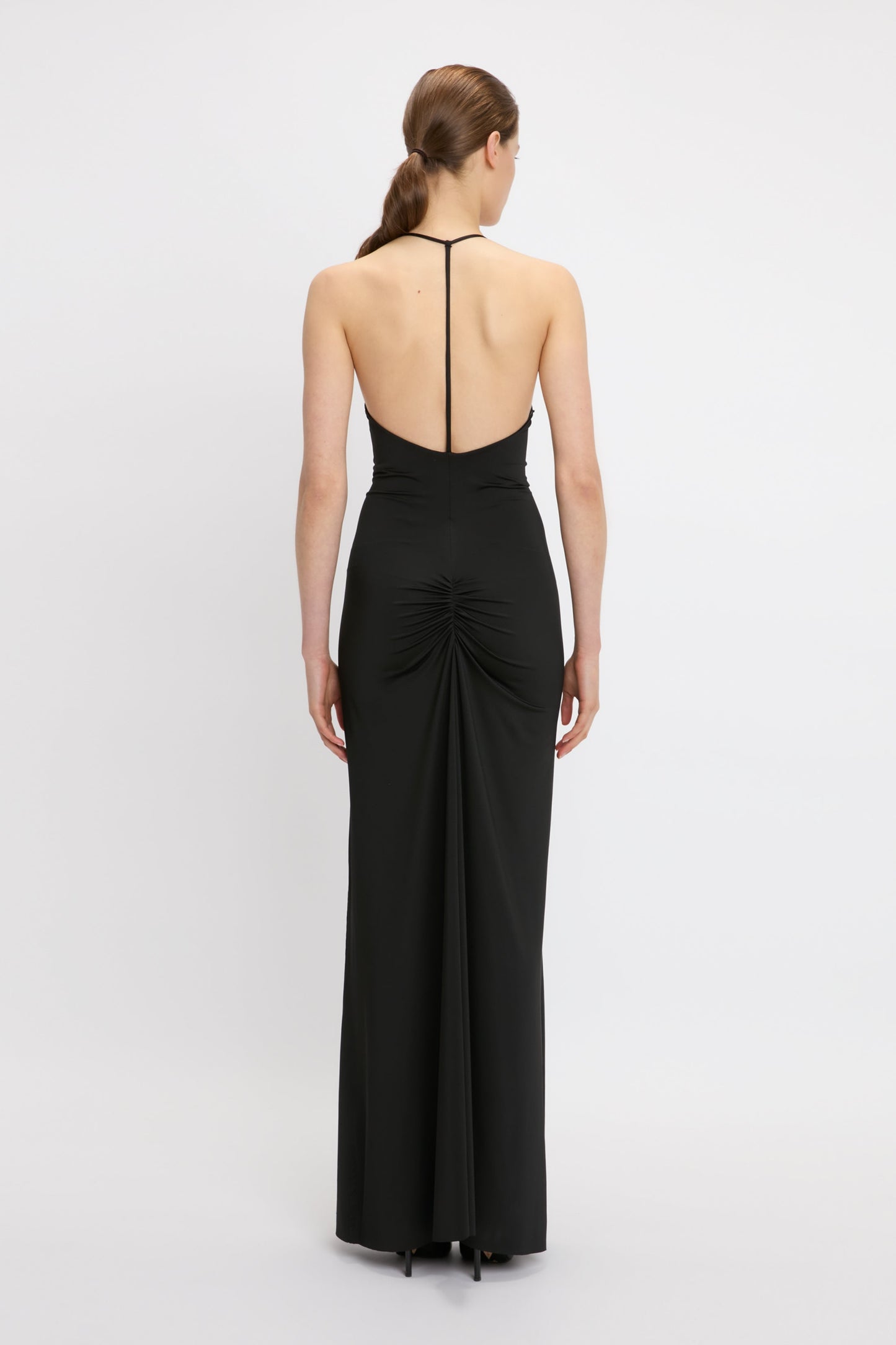 V-Neck Ruched Cami Gown In Black