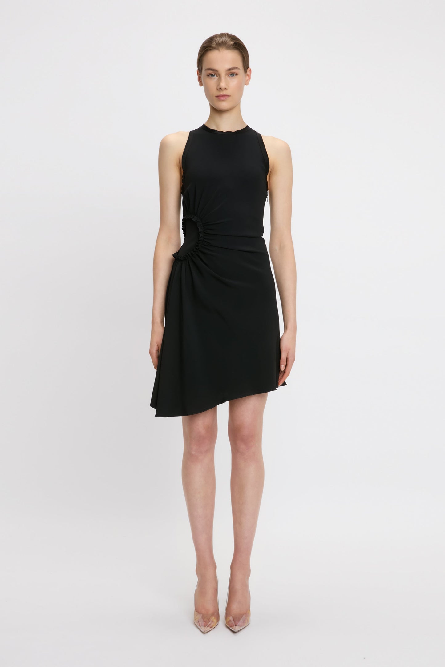 Sleeveless Gathered Detail Mini Dress In Black